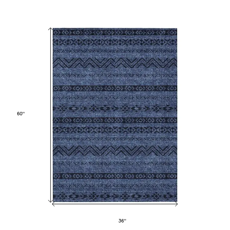 3' X 5' Navy Blue Southwestern Washable Indoor Outdoor Area Rug
