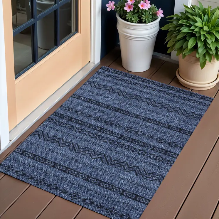 3' X 5' Navy Blue Southwestern Washable Indoor Outdoor Area Rug