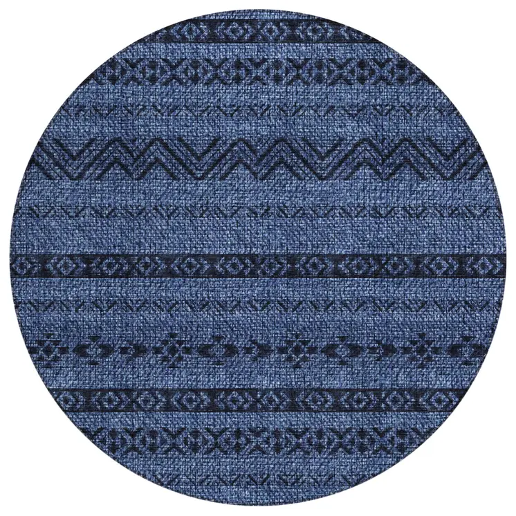 8' Navy Blue Round Southwestern Washable Indoor Outdoor Area Rug