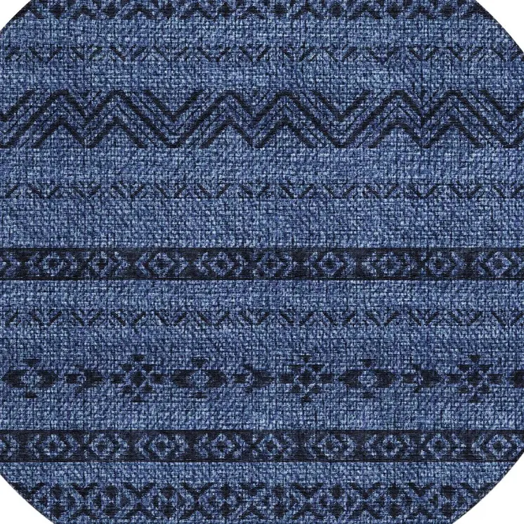 8' Navy Blue Round Southwestern Washable Indoor Outdoor Area Rug