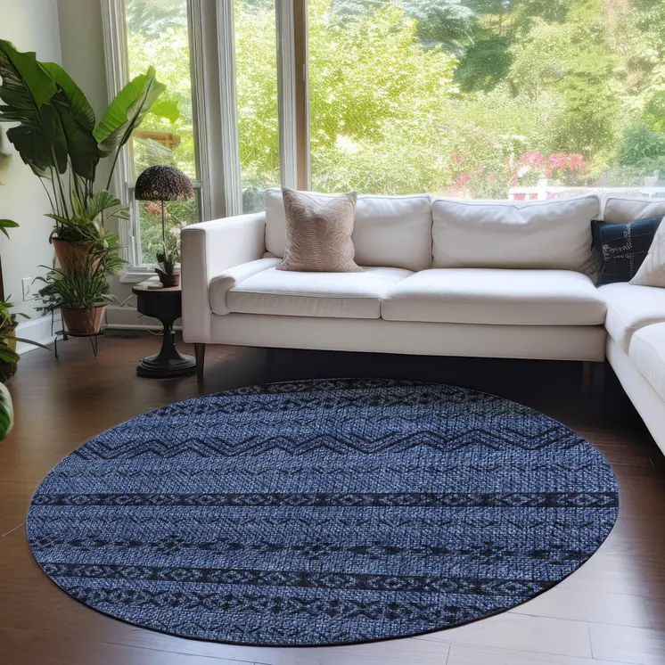 8' Navy Blue Round Southwestern Washable Indoor Outdoor Area Rug