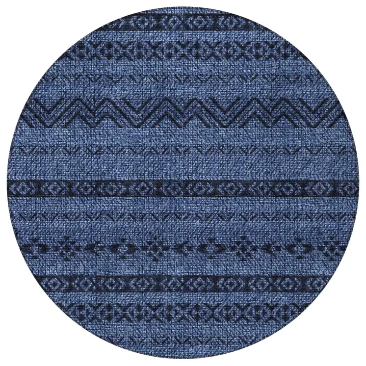 8' Navy Blue Round Southwestern Washable Indoor Outdoor Area Rug