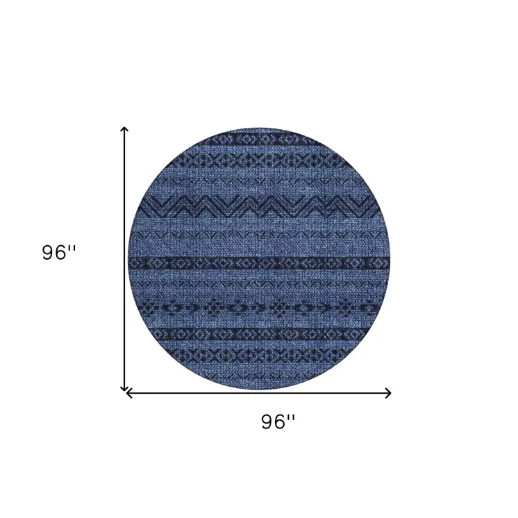8' Navy Blue Round Southwestern Washable Indoor Outdoor Area Rug