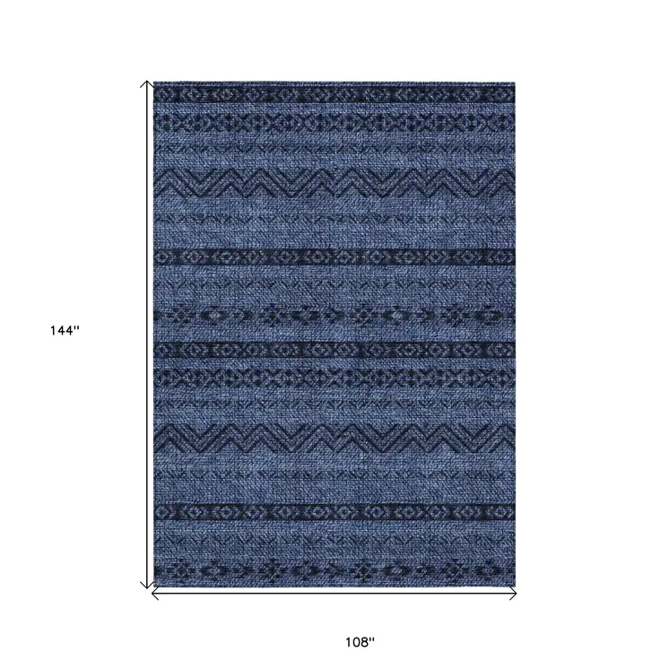 9' X 12' Navy Blue Southwestern Washable Indoor Outdoor Area Rug