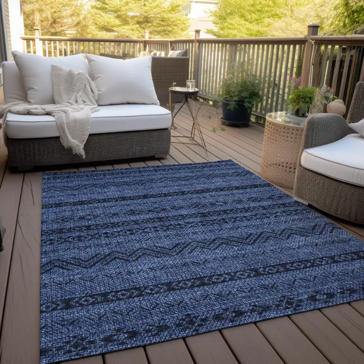 10' X 14' Navy Blue Southwestern Washable Indoor Outdoor Area Rug