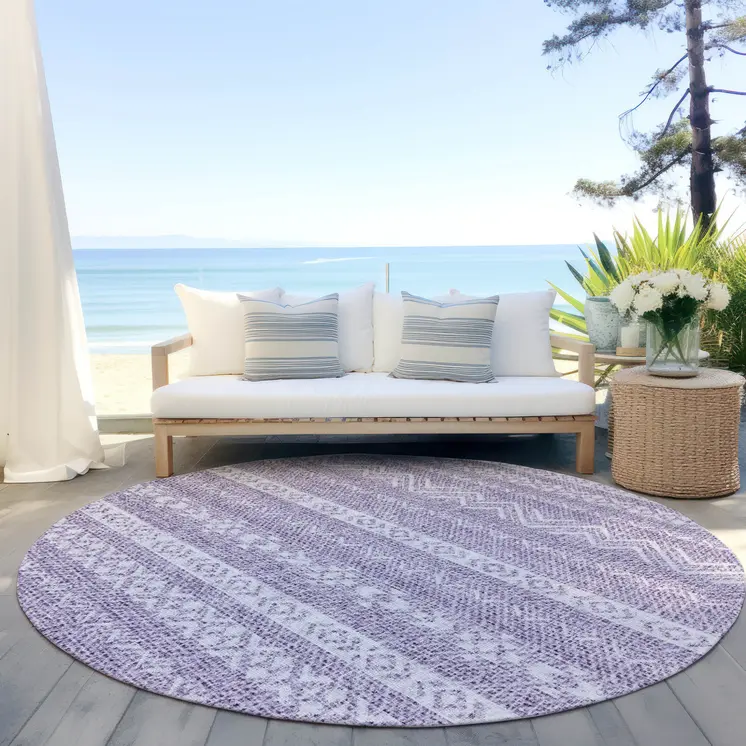 8' Purple And Lavender Round Southwestern Washable Indoor Outdoor Area Rug
