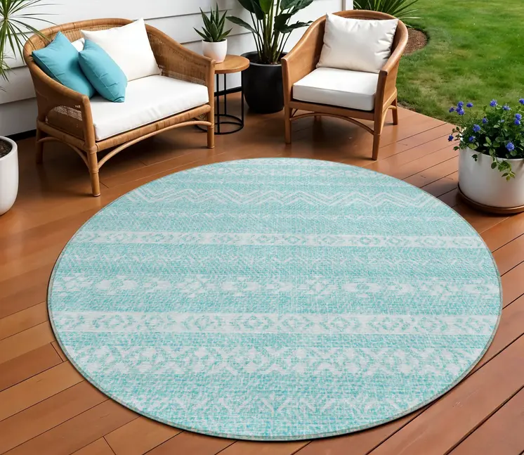 8' Teal Blue And Aqua Round Southwestern Washable Indoor Outdoor Area Rug