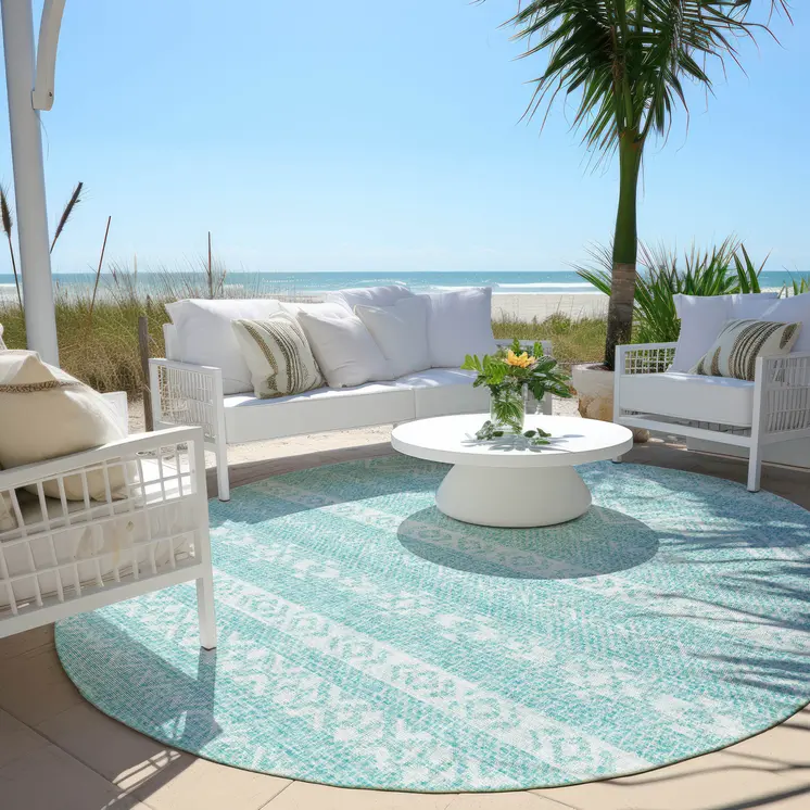 8' Teal Blue And Aqua Round Southwestern Washable Indoor Outdoor Area Rug