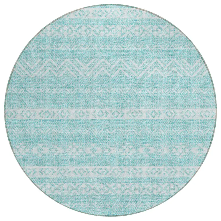8' Teal Blue And Aqua Round Southwestern Washable Indoor Outdoor Area Rug