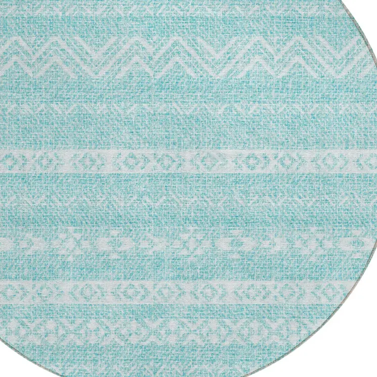 8' Teal Blue And Aqua Round Southwestern Washable Indoor Outdoor Area Rug