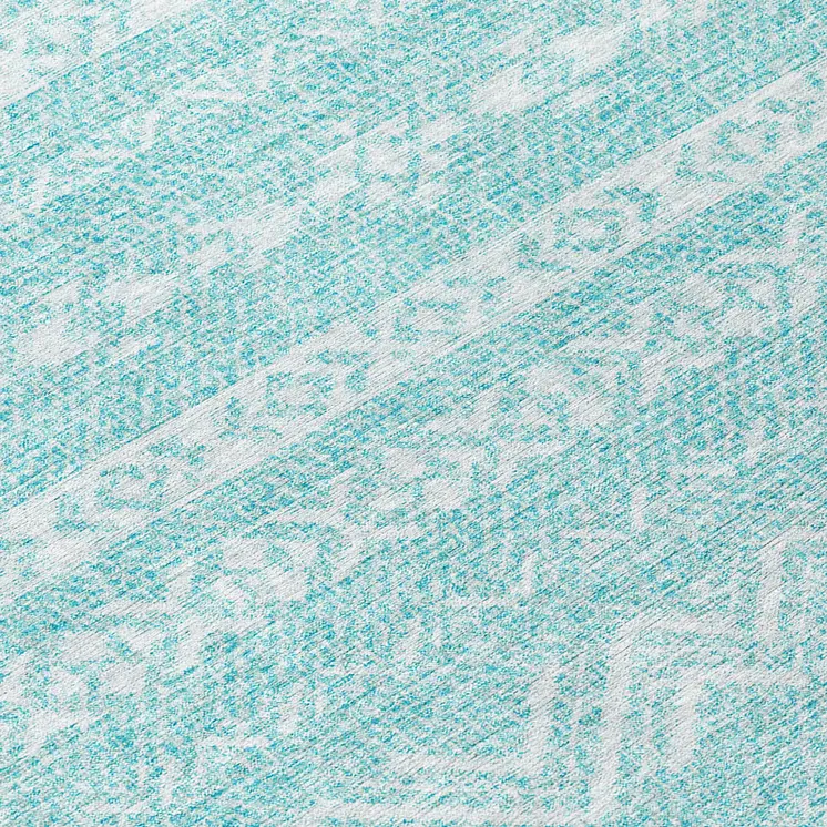 8' Teal Blue And Aqua Round Southwestern Washable Indoor Outdoor Area Rug