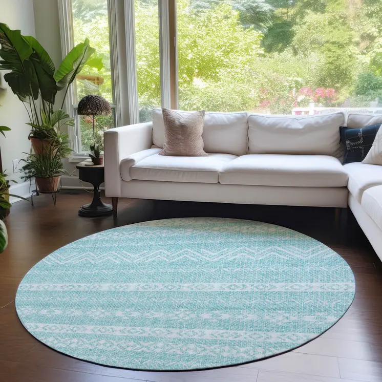 8' Teal Blue And Aqua Round Southwestern Washable Indoor Outdoor Area Rug