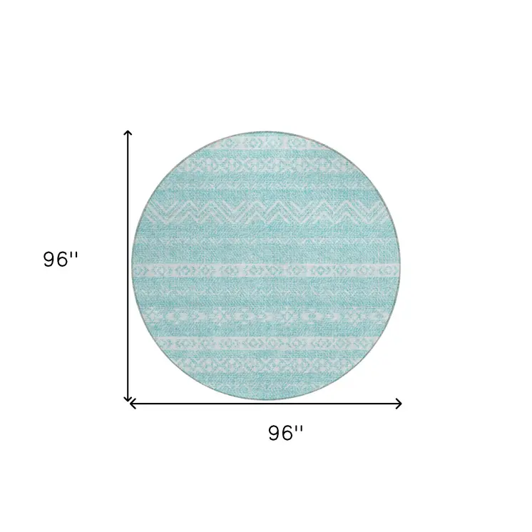 8' Teal Blue And Aqua Round Southwestern Washable Indoor Outdoor Area Rug
