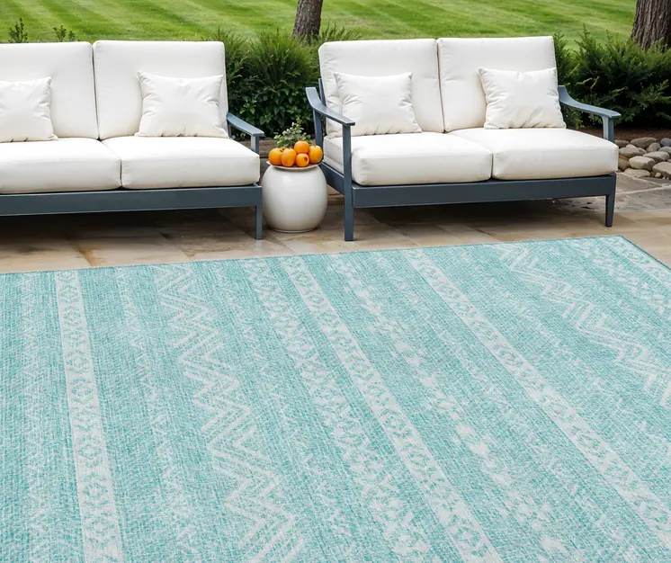 10' X 14' Teal Blue And Aqua Southwestern Washable Indoor Outdoor Area Rug