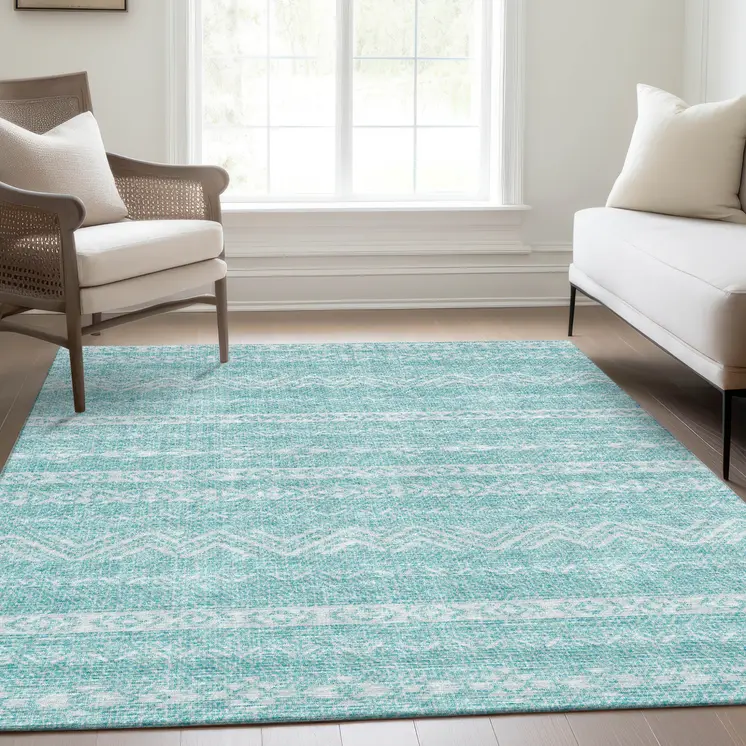 10' X 14' Teal Blue And Aqua Southwestern Washable Indoor Outdoor Area Rug