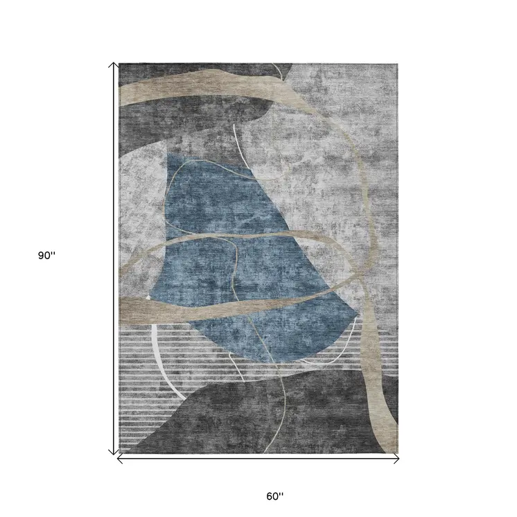 5' X 8' Blue Gray And Charcoal Abstract Washable Indoor Outdoor Area Rug