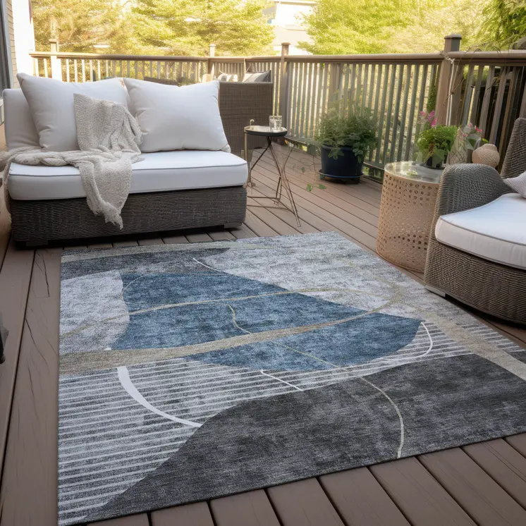 5' X 8' Blue Gray And Charcoal Abstract Washable Indoor Outdoor Area Rug