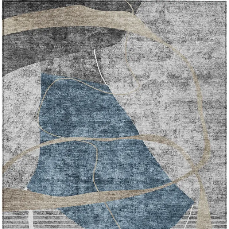 10' X 14' Blue Gray And Charcoal Abstract Washable Indoor Outdoor Area Rug