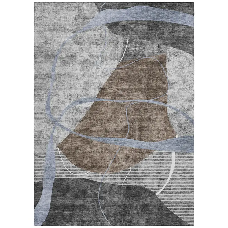 3' X 5' Chocolate Gray And Charcoal Abstract Washable Indoor Outdoor Area Rug