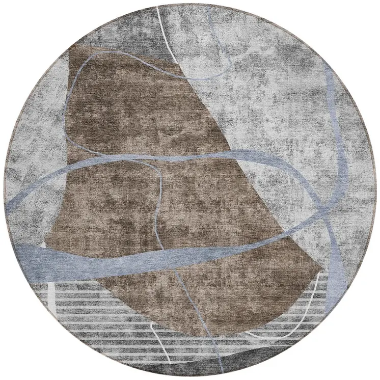 8' Chocolate Gray And Charcoal Round Abstract Washable Indoor Outdoor Area Rug