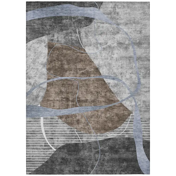 9' X 12' Chocolate Gray And Charcoal Abstract Washable Indoor Outdoor Area Rug