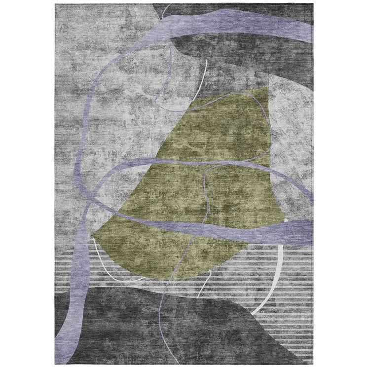 5' X 8' Olive Green Gray And Charcoal Abstract Washable Indoor Outdoor Area Rug