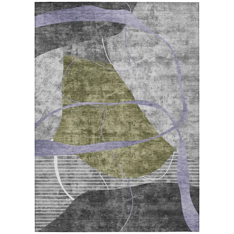 5' X 8' Olive Green Gray And Charcoal Abstract Washable Indoor Outdoor Area Rug