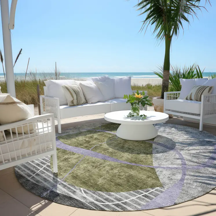 8' Olive Green Gray And Charcoal Round Abstract Washable Indoor Outdoor Area Rug