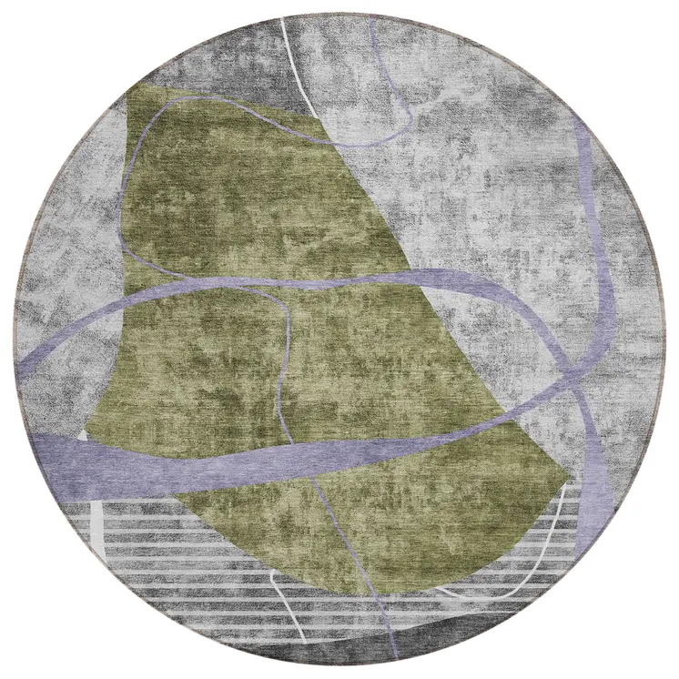 8' Olive Green Gray And Charcoal Round Abstract Washable Indoor Outdoor Area Rug