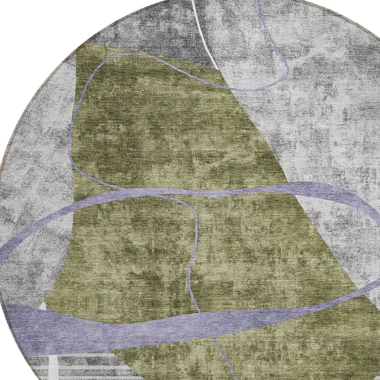 8' Olive Green Gray And Charcoal Round Abstract Washable Indoor Outdoor Area Rug