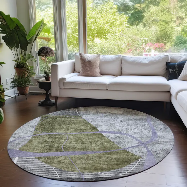8' Olive Green Gray And Charcoal Round Abstract Washable Indoor Outdoor Area Rug