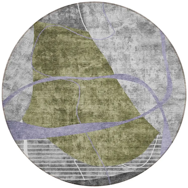 8' Olive Green Gray And Charcoal Round Abstract Washable Indoor Outdoor Area Rug
