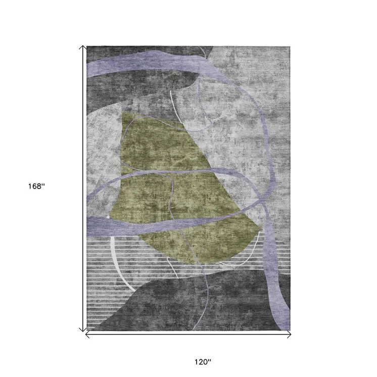 10' X 14' Olive Green Gray And Charcoal Abstract Washable Indoor Outdoor Area Rug