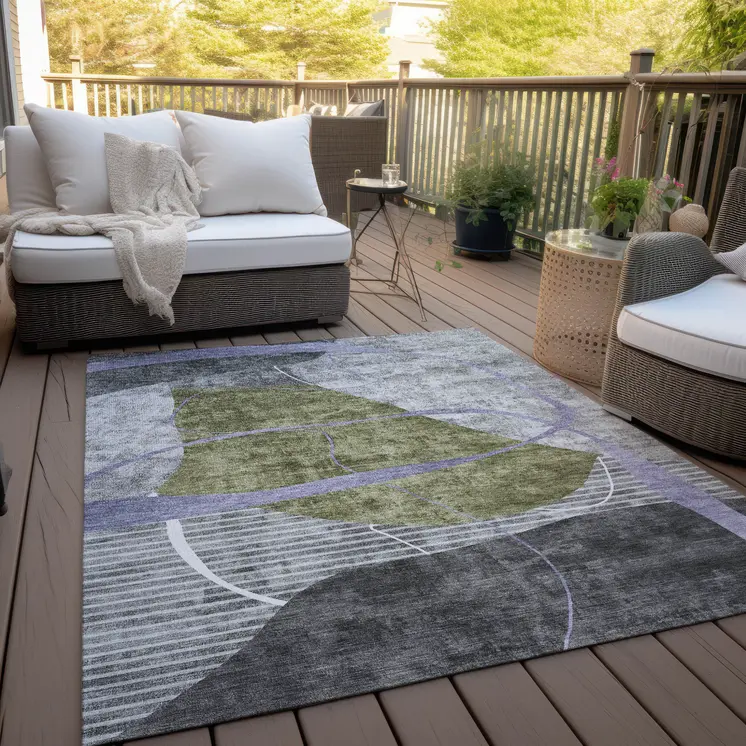 10' X 14' Olive Green Gray And Charcoal Abstract Washable Indoor Outdoor Area Rug