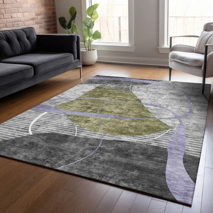 10' X 14' Olive Green Gray And Charcoal Abstract Washable Indoor Outdoor Area Rug