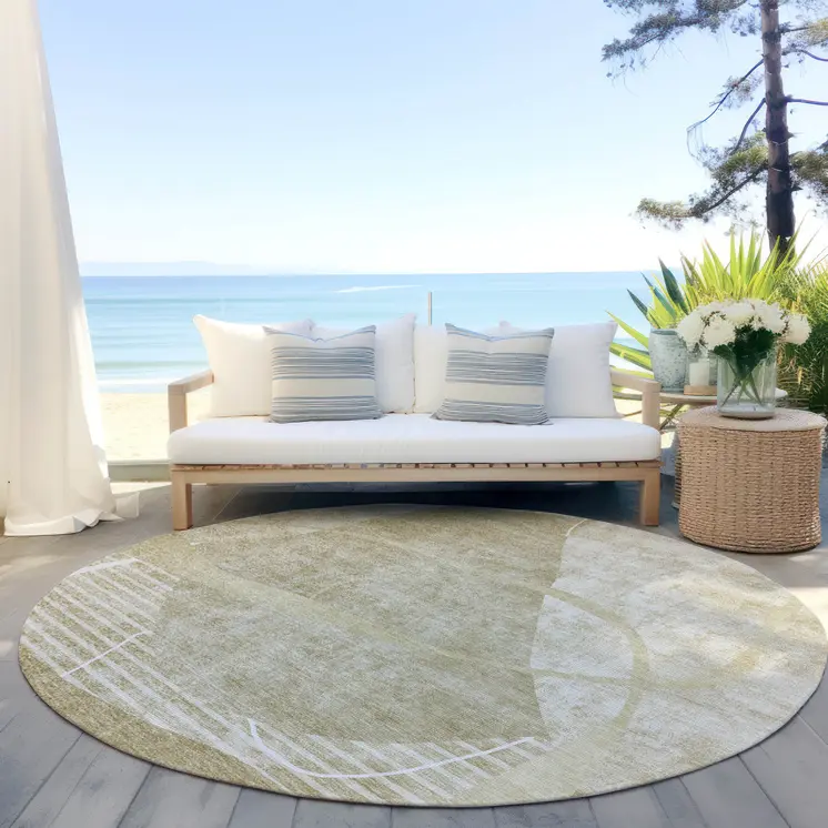 8' Beige Taupe And Tan Round Abstract Washable Indoor Outdoor Area Rug