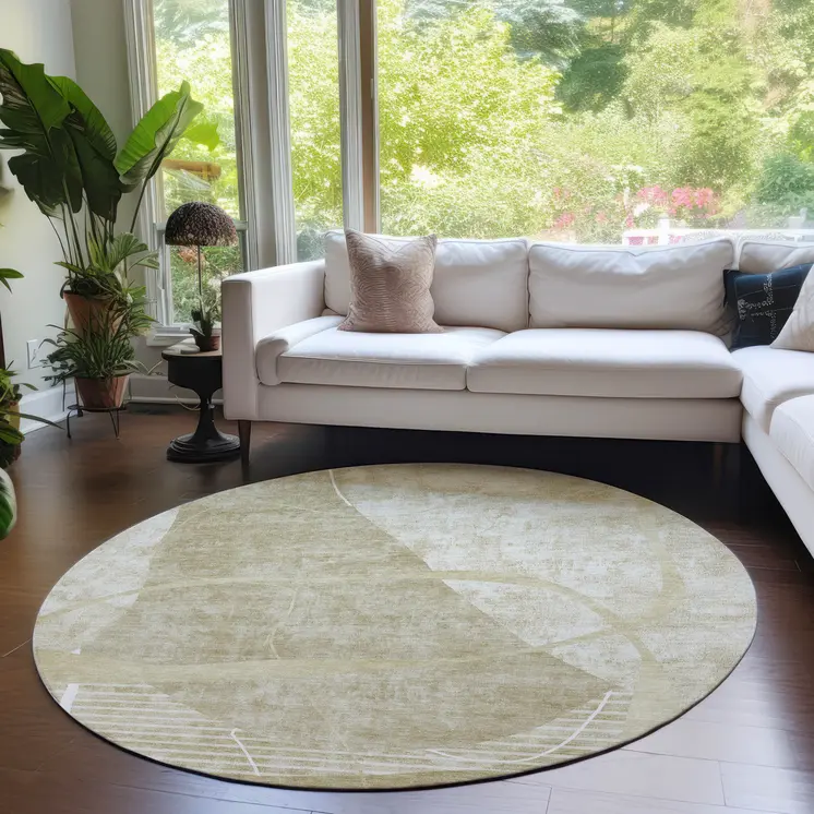 8' Beige Taupe And Tan Round Abstract Washable Indoor Outdoor Area Rug