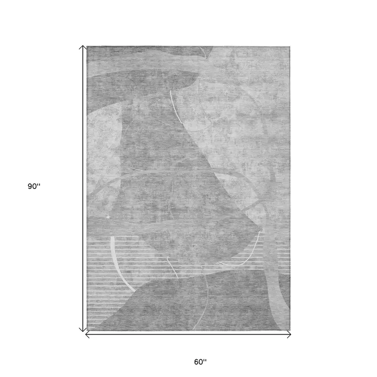 5' X 8' Gray Silver And Ivory Abstract Washable Indoor Outdoor Area Rug