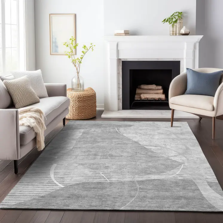 5' X 8' Gray Silver And Ivory Abstract Washable Indoor Outdoor Area Rug