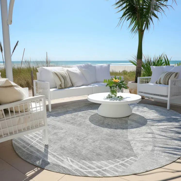 8' Gray Silver And Ivory Round Abstract Washable Indoor Outdoor Area Rug