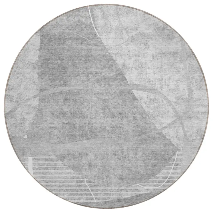 8' Gray Silver And Ivory Round Abstract Washable Indoor Outdoor Area Rug