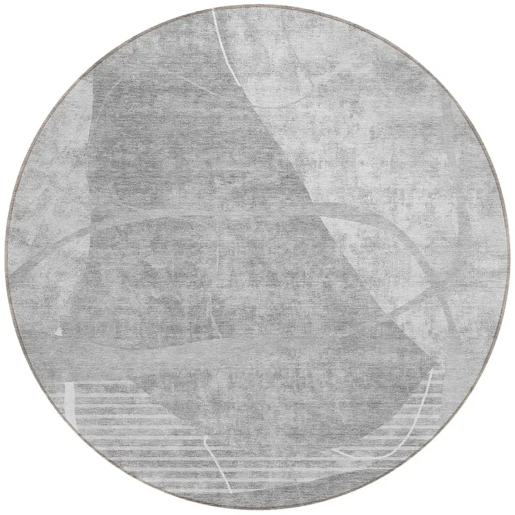 8' Gray Silver And Ivory Round Abstract Washable Indoor Outdoor Area Rug