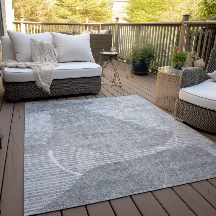 8' X 10' Gray Silver And Ivory Abstract Washable Indoor Outdoor Area Rug