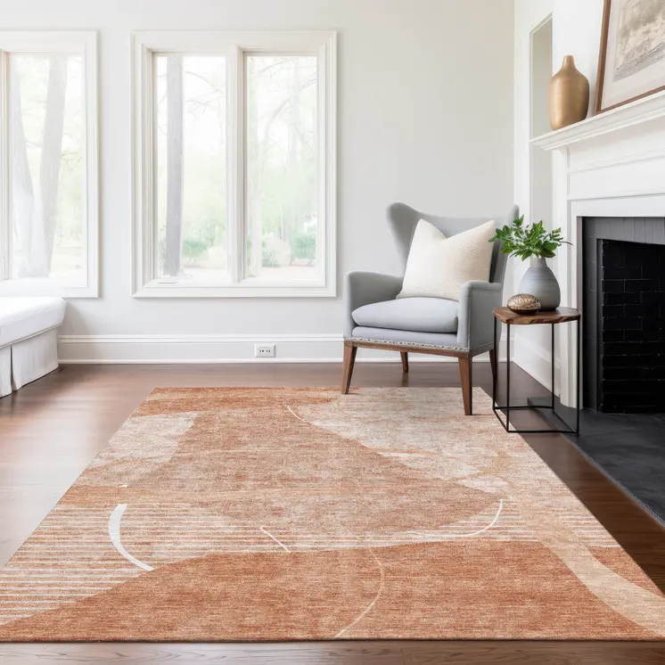 5' X 8' Salmon Copper And Ivory Abstract Washable Indoor Outdoor Area Rug
