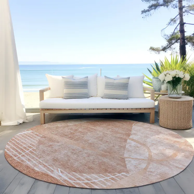 8' Salmon Copper And Ivory Round Abstract Washable Indoor Outdoor Area Rug