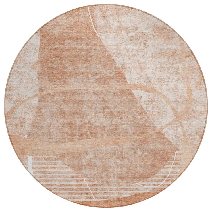 8' Salmon Copper And Ivory Round Abstract Washable Indoor Outdoor Area Rug