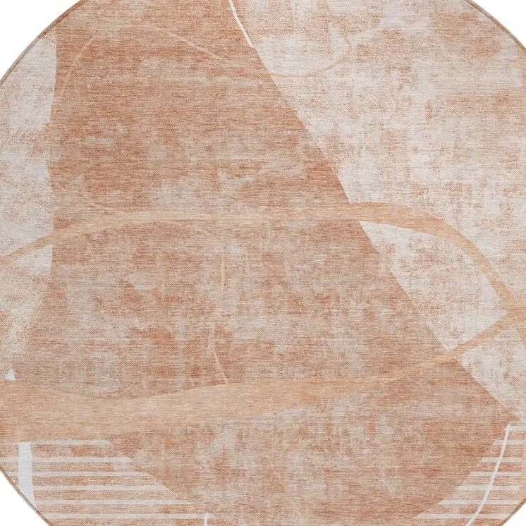8' Salmon Copper And Ivory Round Abstract Washable Indoor Outdoor Area Rug