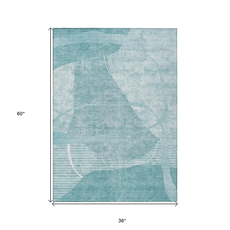 3' X 5' Turquoise Teal Blue And Ivory Abstract Washable Indoor Outdoor Area Rug