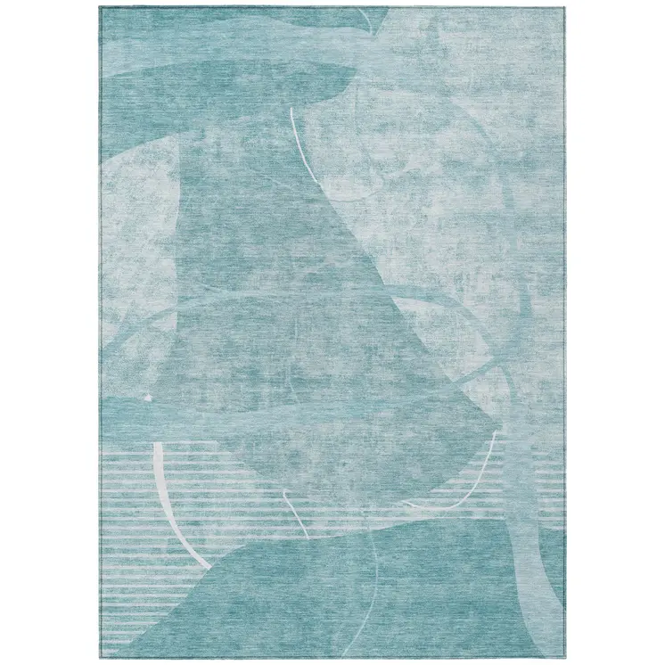 3' X 5' Turquoise Teal Blue And Ivory Abstract Washable Indoor Outdoor Area Rug