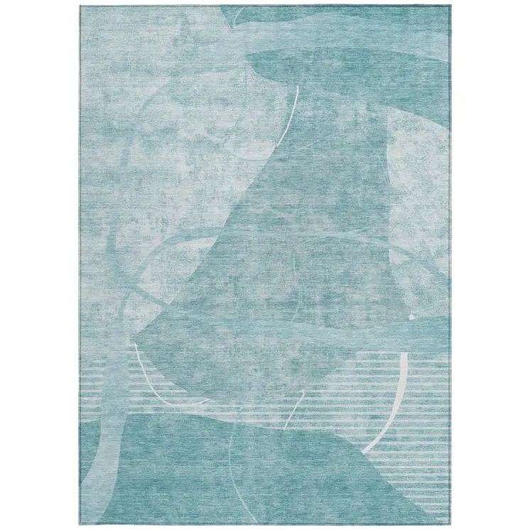 3' X 5' Turquoise Teal Blue And Ivory Abstract Washable Indoor Outdoor Area Rug